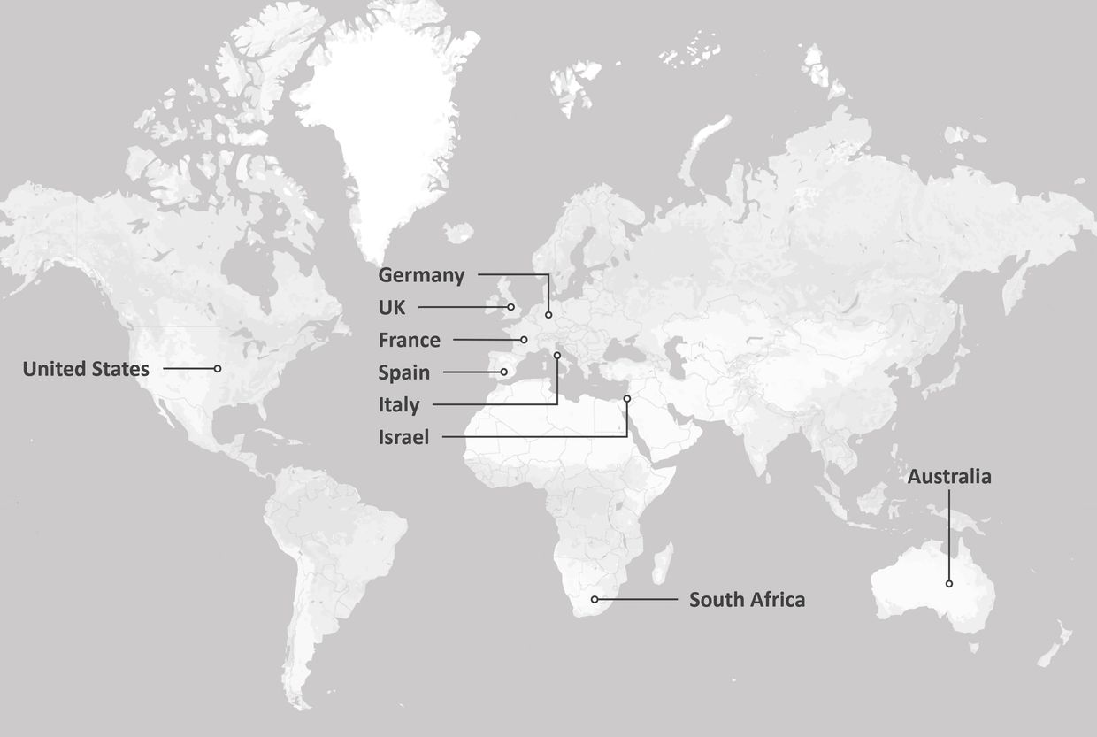 World map highlighting countries with labeled points: US, UK, France, Spain, Italy, Germany, Israel, South Africa, Australia.