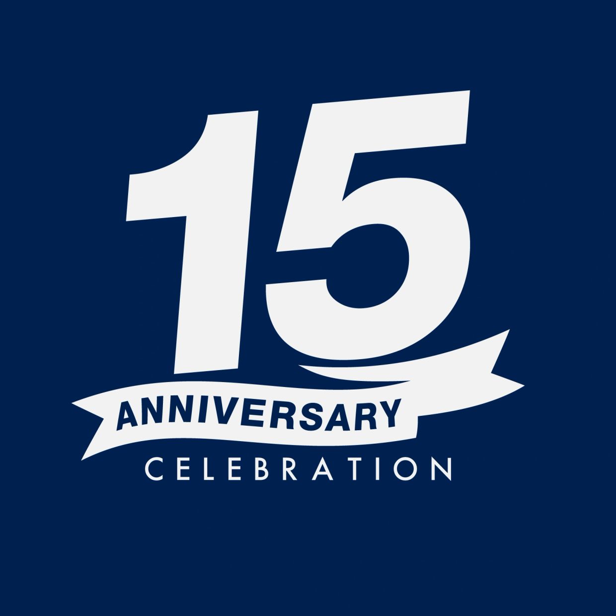 15th anniversary celebration logo with a navy blue background.