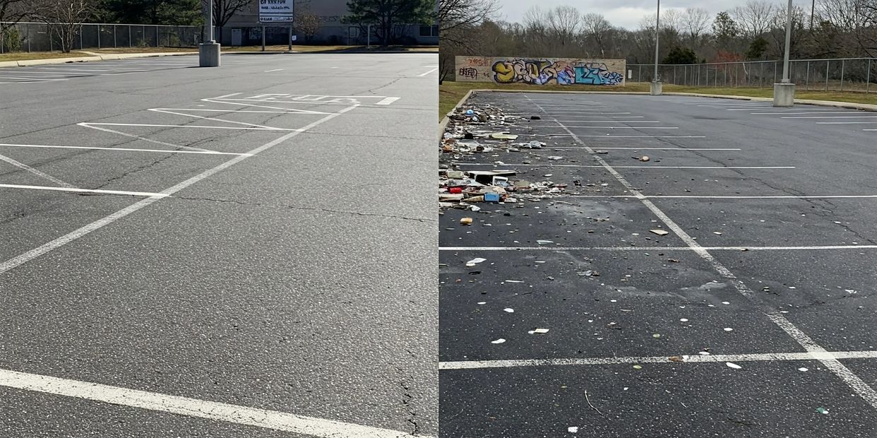 Dirty Parking lot with trash withe a side by side of a clean parking lot without trash.