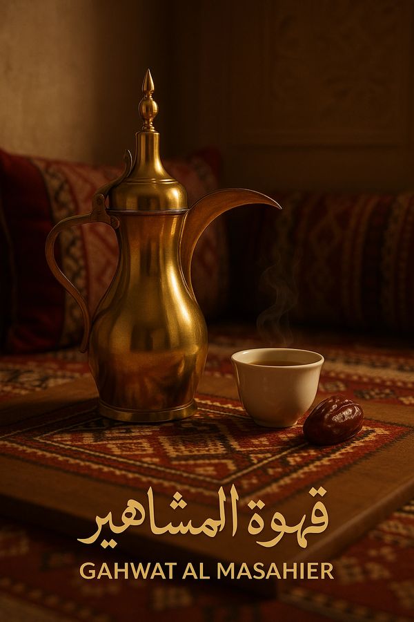 Traditional Arabic coffee set with a brass dallah, cup, and date on a patterned cloth.