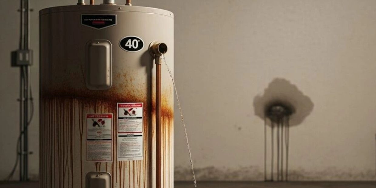 Leaking water heater with rust and a wall stain.