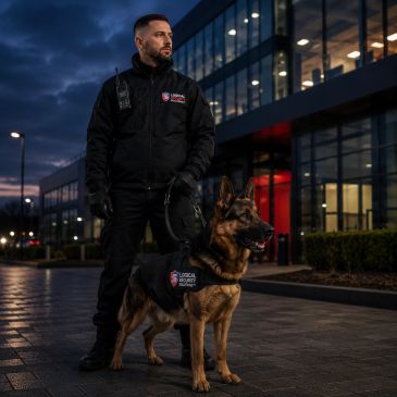 Security guard with a dog outside a modern building at night.