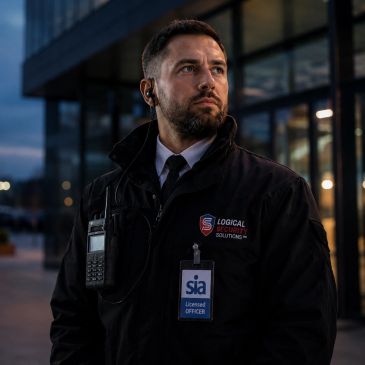 Security officer on duty wearing a jacket and earpiece.