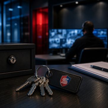 Keys on a desk with security guard monitoring screens.