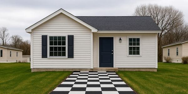 Small white house with black door and checkerboard pathway.