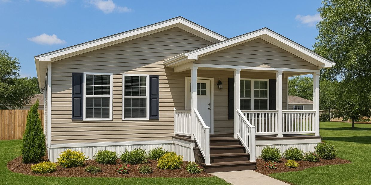 A beige single-story house with white trim, a small porch, and well-maintained landscaping.