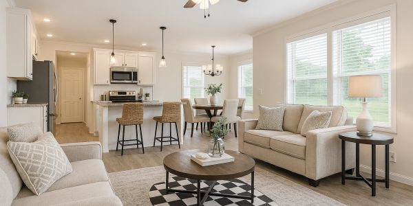 Bright and cozy open living room and kitchen with neutral tones.