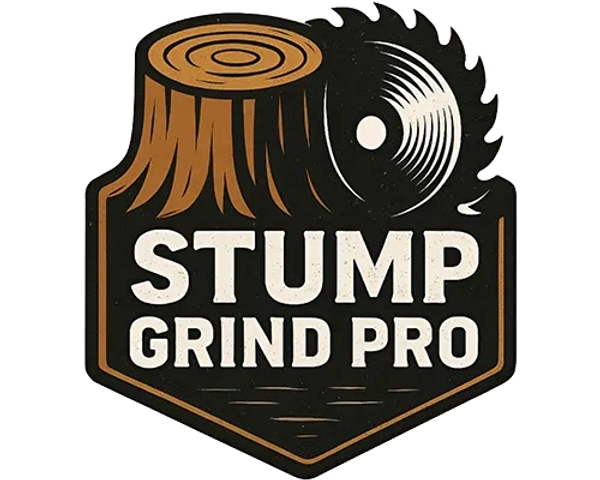 Logo for Stump Grind Pro featuring a tree stump and circular saw blade.