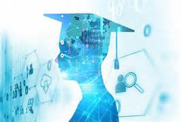 Digital silhouette of a graduate with technology icons around.