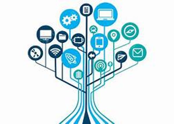 Digital tree with icons representing technology and connectivity.