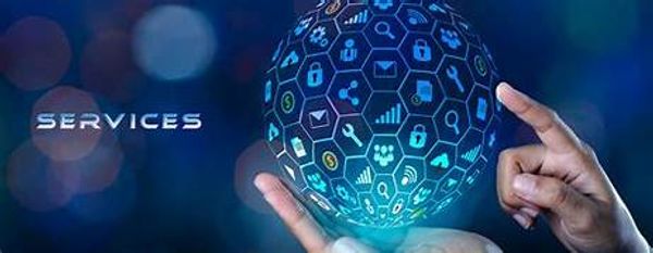 Digital sphere with service icons held between two hands.