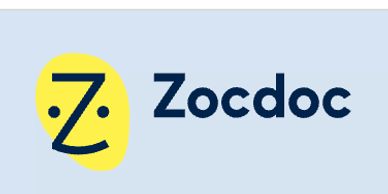 Zocdoc logo with a yellow icon and dark blue text on a light background.