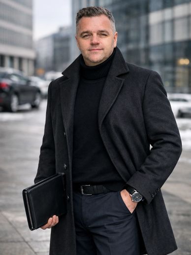 Stojący mężczyzna w płaszczu z uśmiechem na twarzy trzymający teczkę na dokumenty