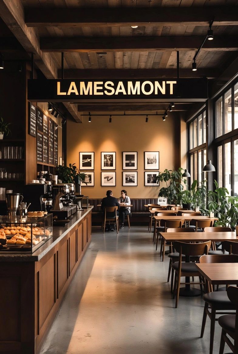 Cozy cafe with wooden interiors and warm lighting.