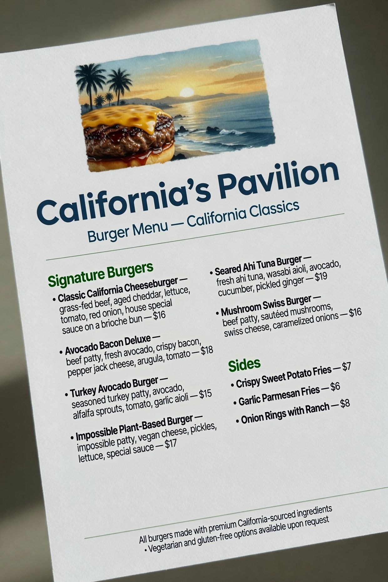 California's Pavilion burger menu featuring signature burgers and sides with a scenic sunset and cheeseburger image.
