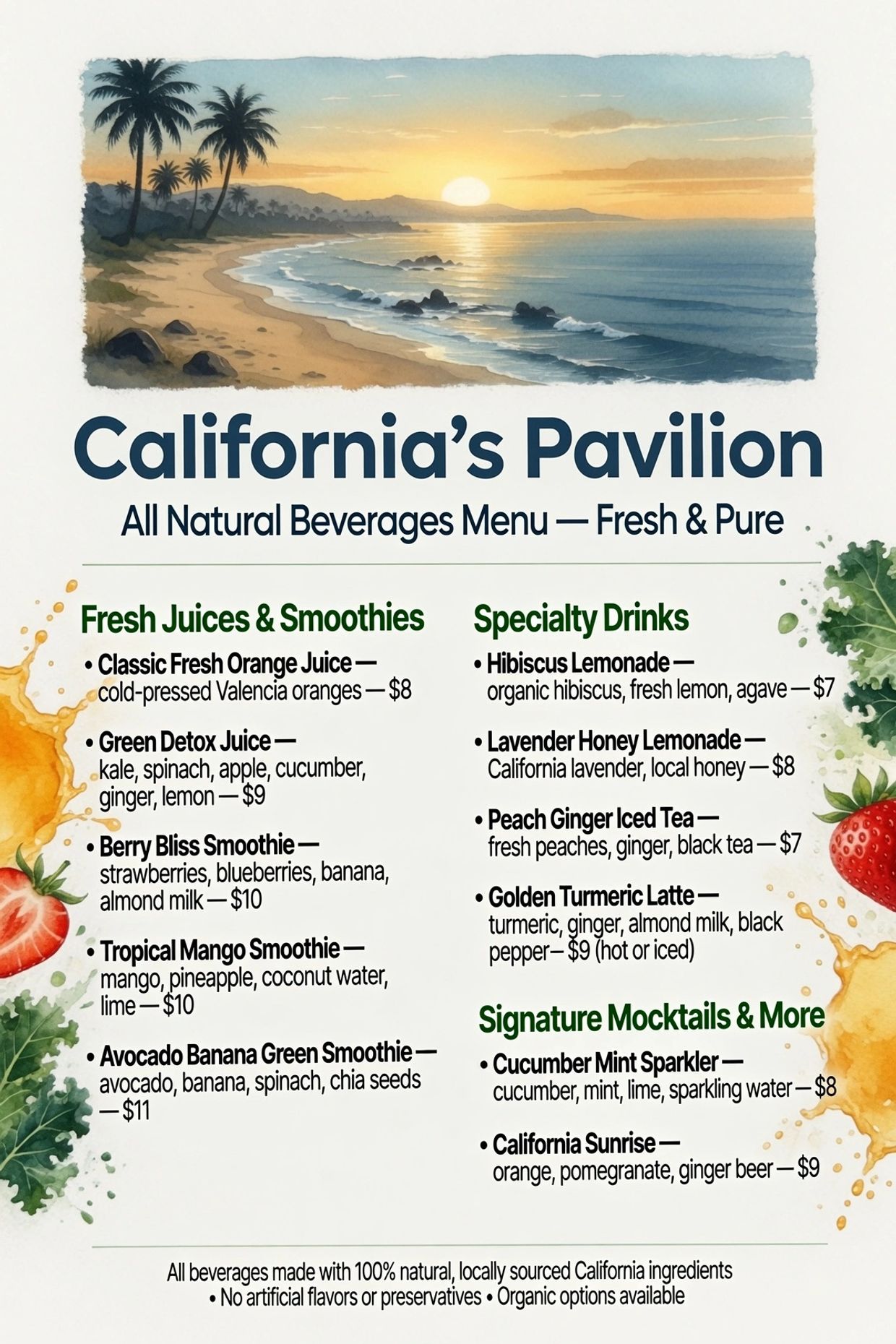 California's Pavilion beverage menu featuring fresh juices, smoothies, specialty drinks, and mocktails.