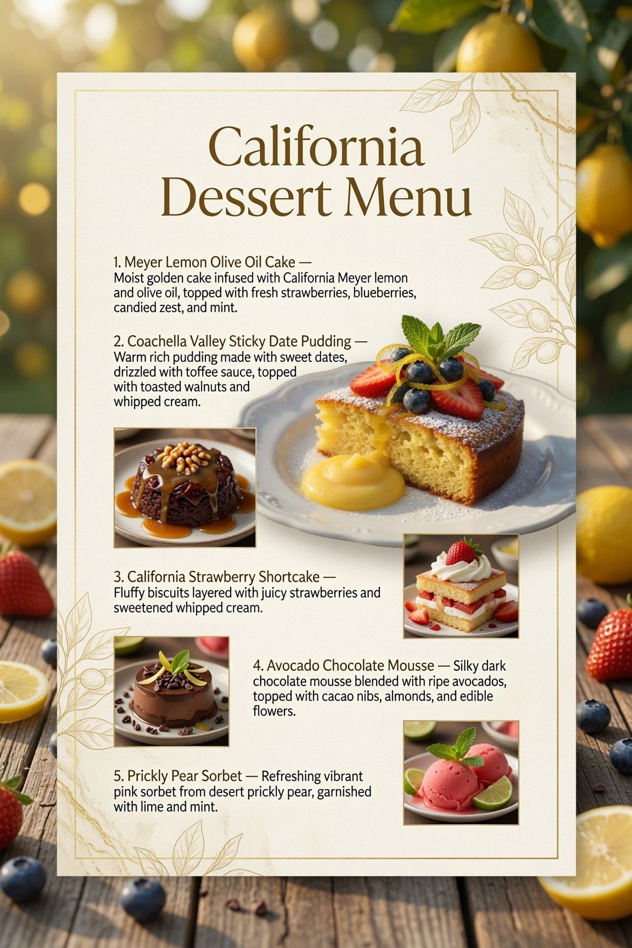 Elegant California dessert menu featuring five delicious treats with fresh fruits and rich flavors.