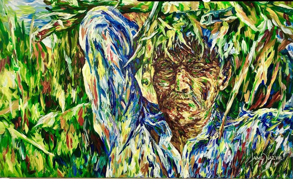 Abstract portrait of a man amidst vibrant greenery.