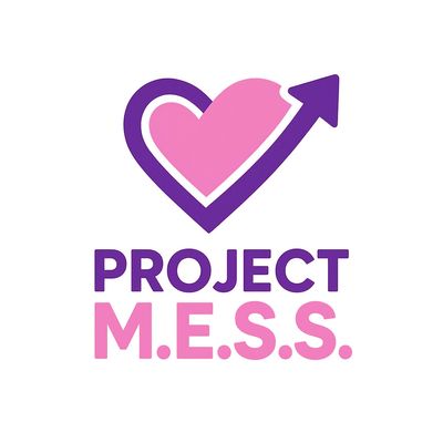 Logo of Project M.E.S.S. with a heart and arrow design in purple and pink.