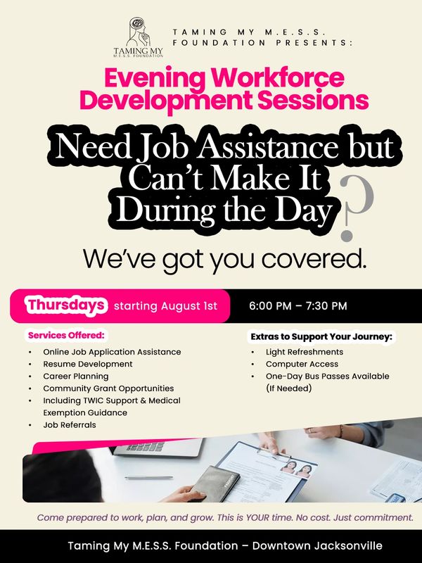Evening Workforce Development Sessions offered Thursdays for job assistance and career planning.