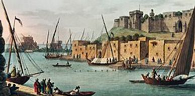 Historic harbor scene with sailing ships and a fortified city.