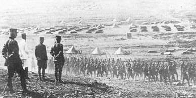 Historical military scene with soldiers lined up and officers observing.