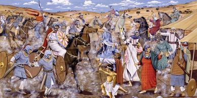 Medieval battle scene with knights and soldiers on horseback and on foot.