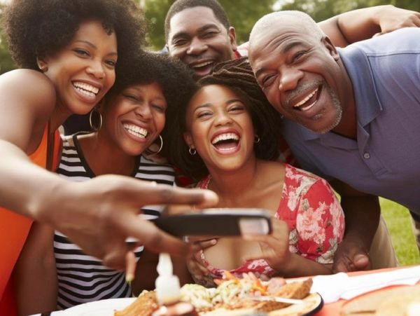 Five people happily taking a selfie at a meal outdoors.