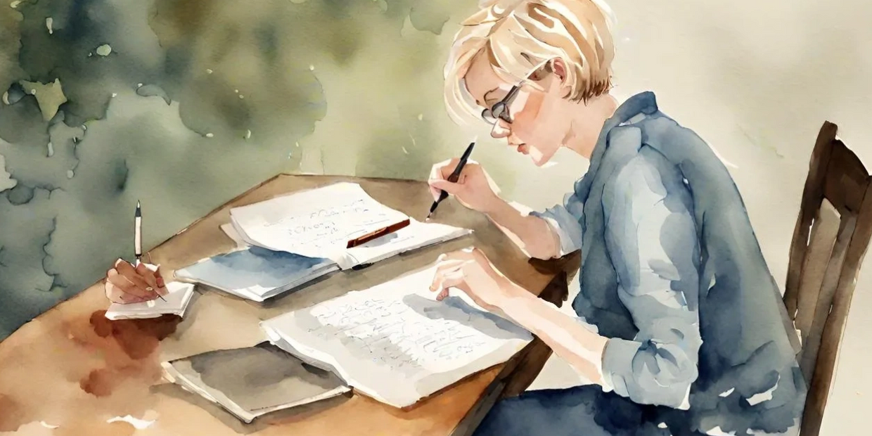 Watercolor painting of Melissa hard at work creating a new piece of literary work.