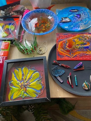 Varied fused glass pieces