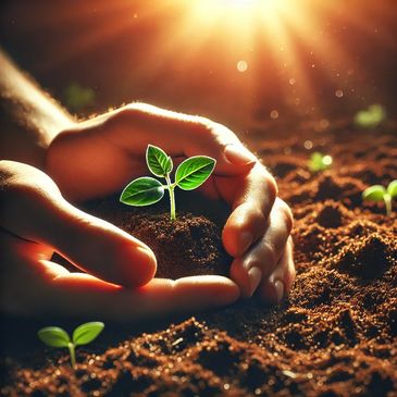 A close-up of hands planting a small seedling into rich soil, with soft sunlight streaming in.