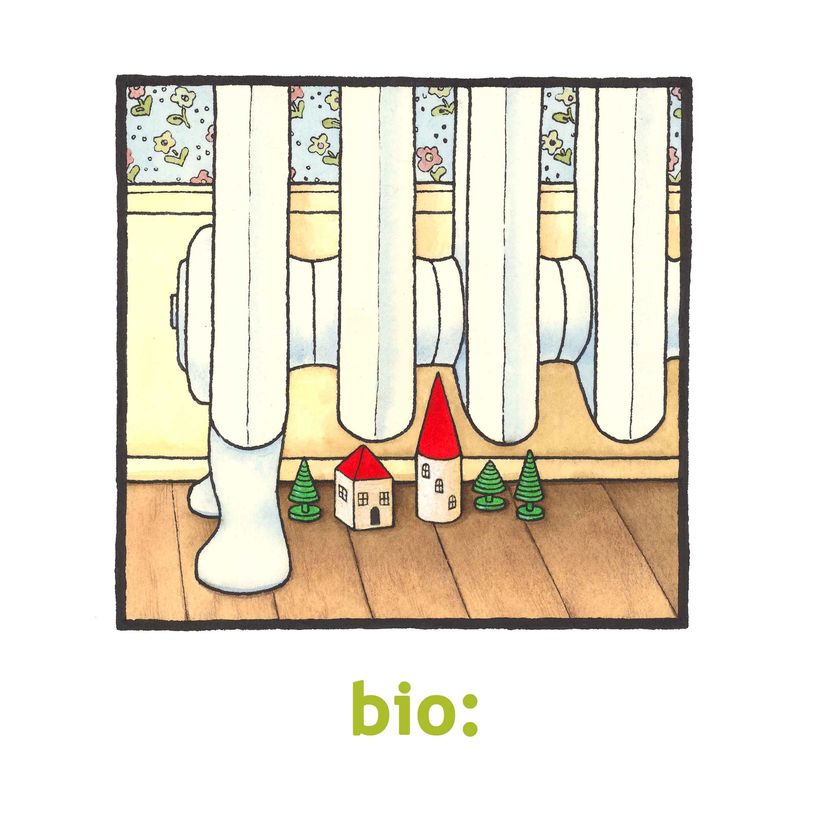 Toy houses and trees under an old style radiator.  Barbara Lehman illustration sample.