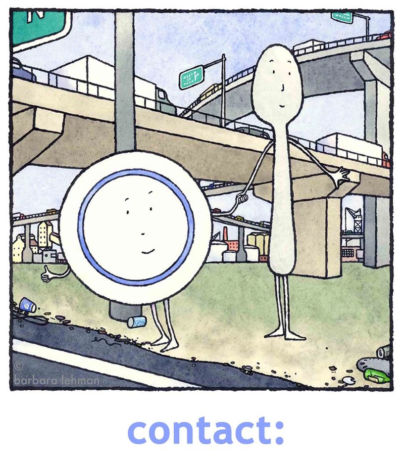 The Dish and Spoon running away under the New Jersey Turnpike.  Barbara Lehman illustration sample.