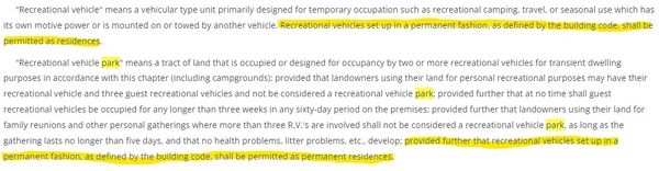 Rv's set up in permanent fashion must be permitted as residences.