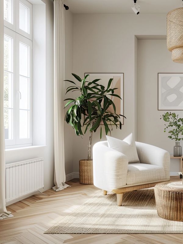 Jasne pomieszczenie w ciepłych kolorach brązu i bieli. Wiklinowy stolik z dwoma fotelami.