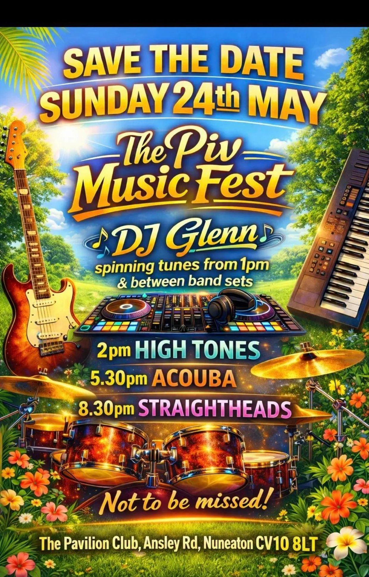Colorful flyer for The Piv Music Fest on Sunday, 24th May with DJ Glenn and live bands.