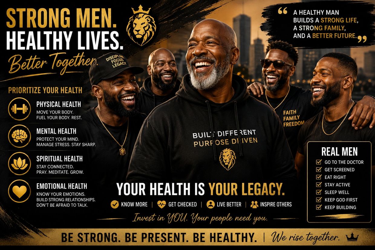 Group of strong, healthy men promoting physical, mental, spiritual, and emotional wellness.
