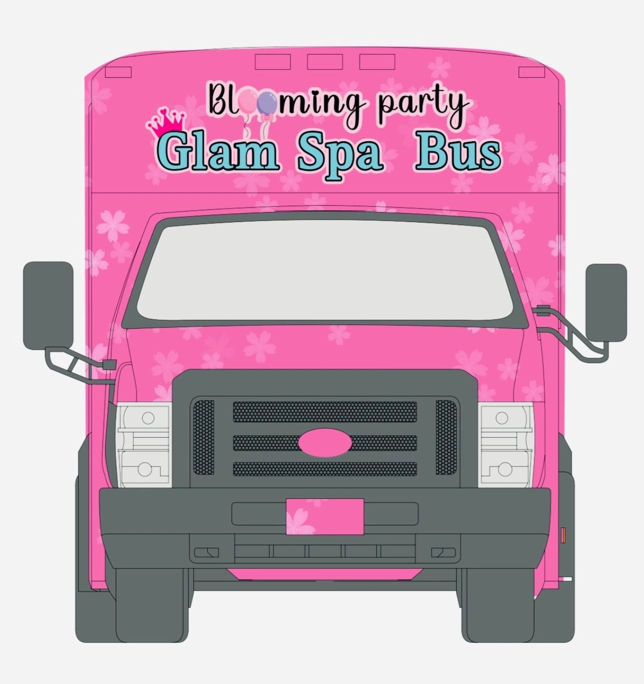 Front view of a pink Glam Spa Bus for Blooming Party.