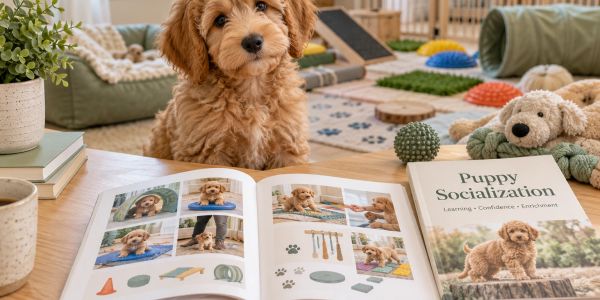 Cute puppy with a book on puppy socialization.