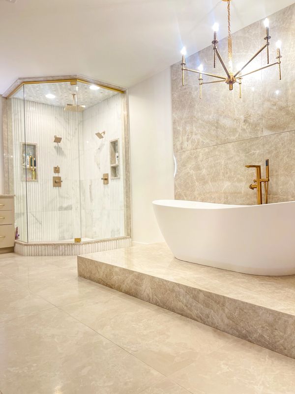 Taj Mahal. Tub Deck. Stone Wall Design. Custom Primary Bath. Luxury Stone Work.