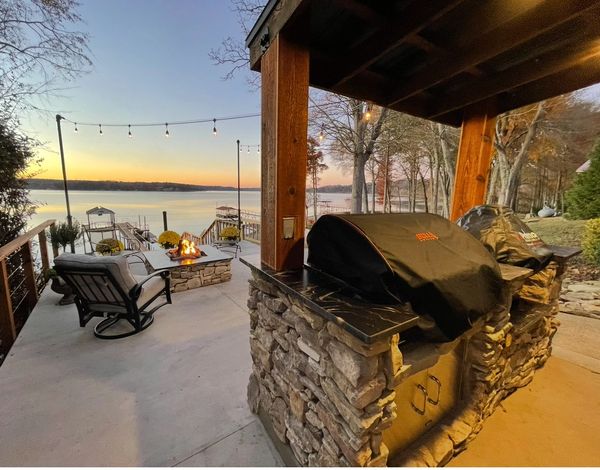 Outdoor Kitchen. Titanium Leathered Granite. Stone Slab. Outdoor Firepit. Granite Countertops. 