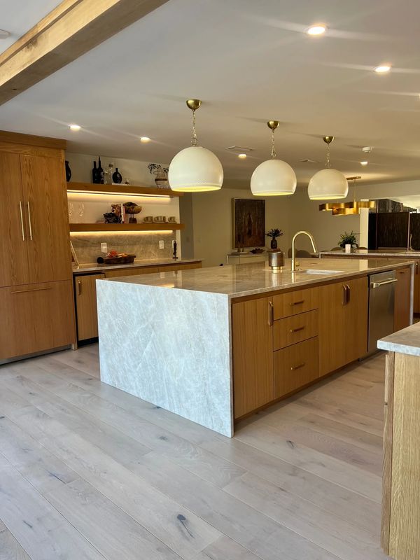 Kitchen Island. Installation. Waterfall design. Miter Lamination. Kitchen Sink. Taj Mahal.