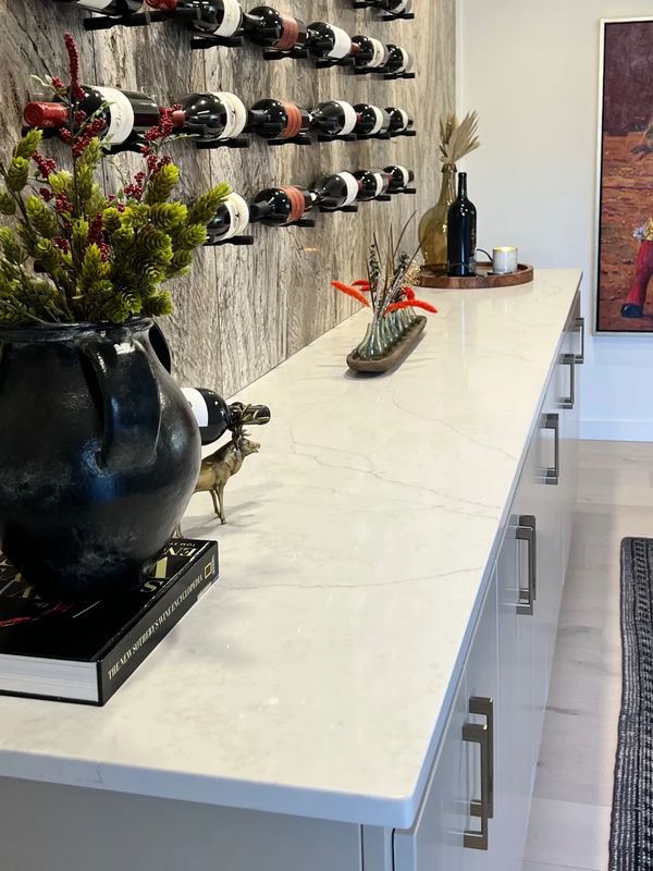 Wine Bar. Luce Oro Countertops. Stone Installation. Eased Edge Profile. 