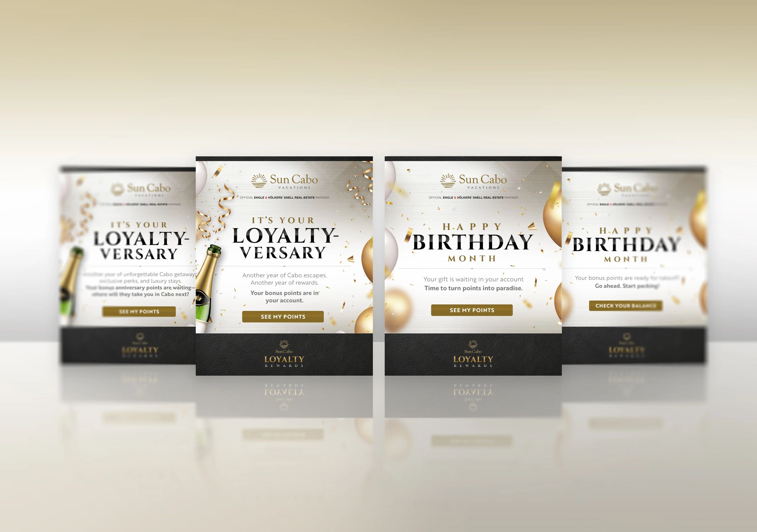Sun Cabo Vacations loyalty and birthday rewards promotional posters.