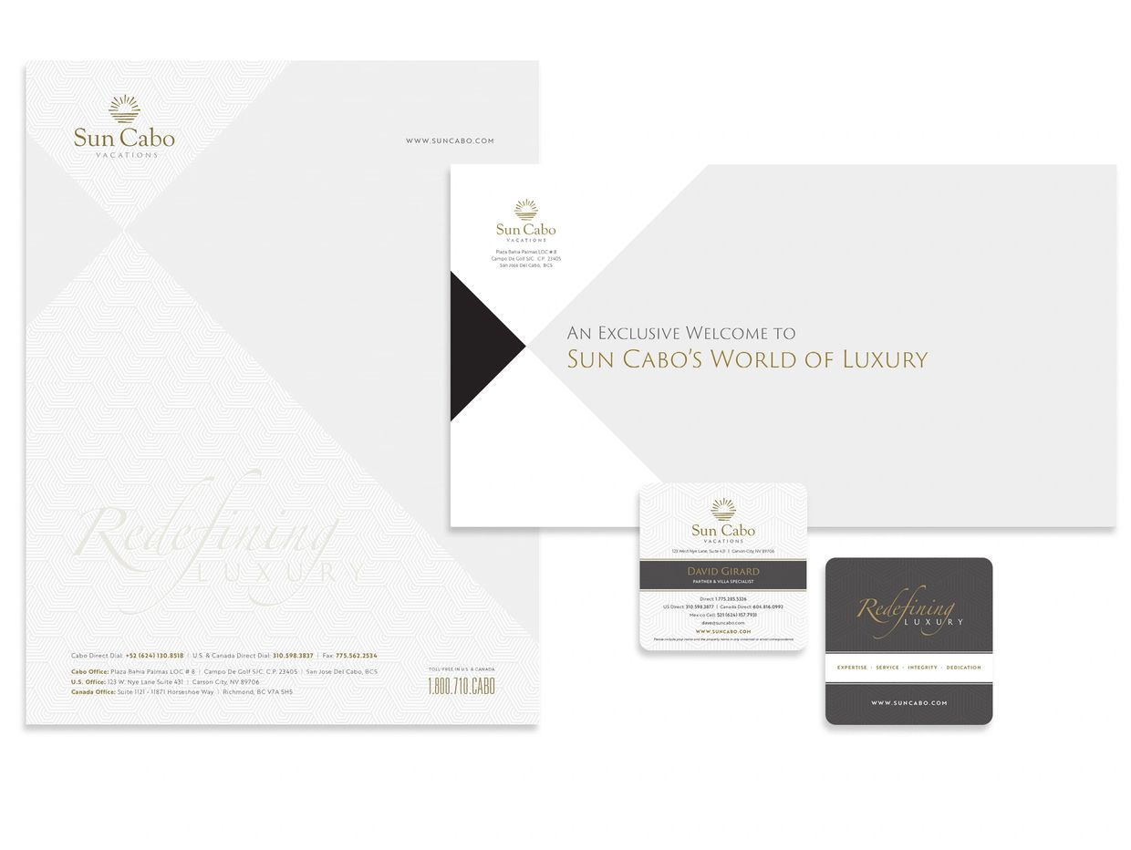 Sun Cabo Vacations branding set including letterhead, welcome card, and business cards.
