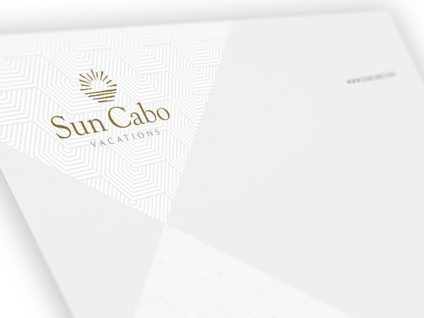 Elegant Sun Cabo Vacations logo on a white geometric background.