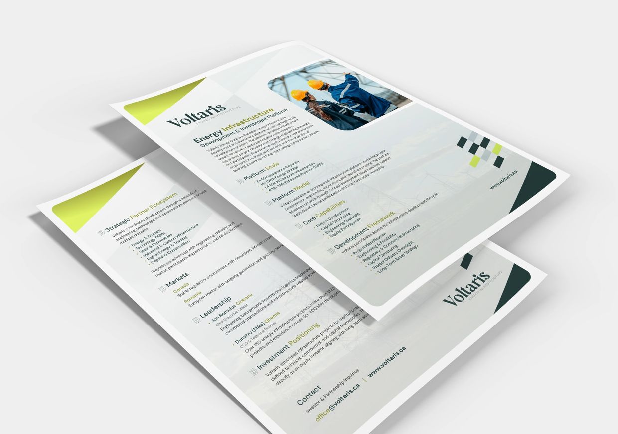 Two Voltaris branded flyers about energy infrastructure and partnerships.