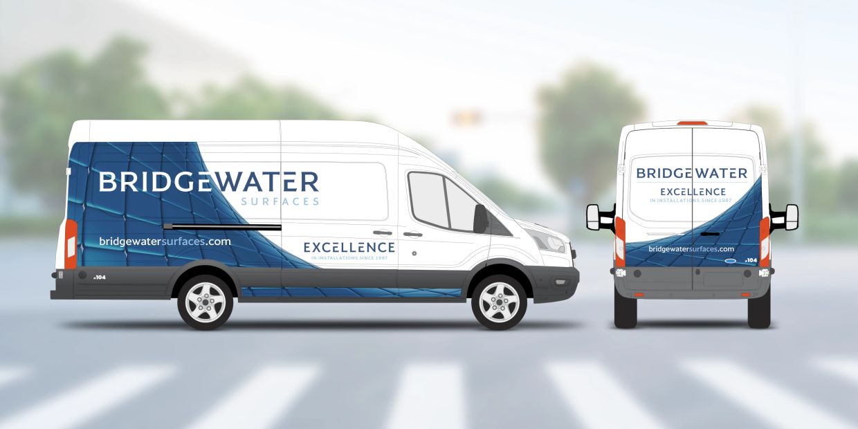 Bridgewater Surfaces company van with blue and white design.