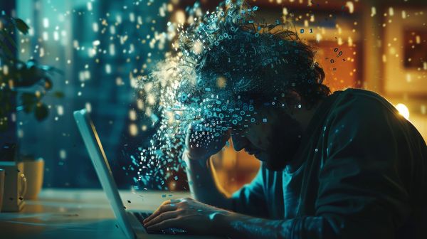 Man stressed at laptop with digital particles dissolving from his head.