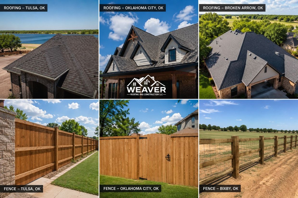 Various roofing and fencing projects in Oklahoma cities by Weaver Roofing and Construction.